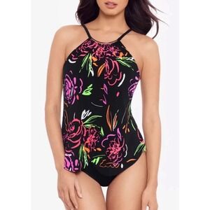 NWOT Magicsuit Neon Nature Jill High Neckline Piece Swimsuit Black/Multi Size 8